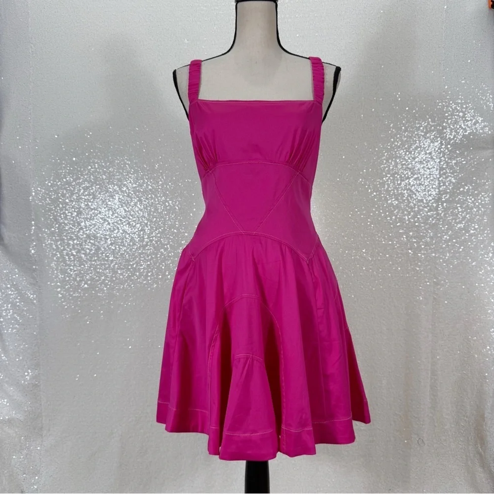 Anthropologie Pink Fit & Flare Mini Dress Size L Ruched Strap Back Zip NWT - Picture 9 of 11